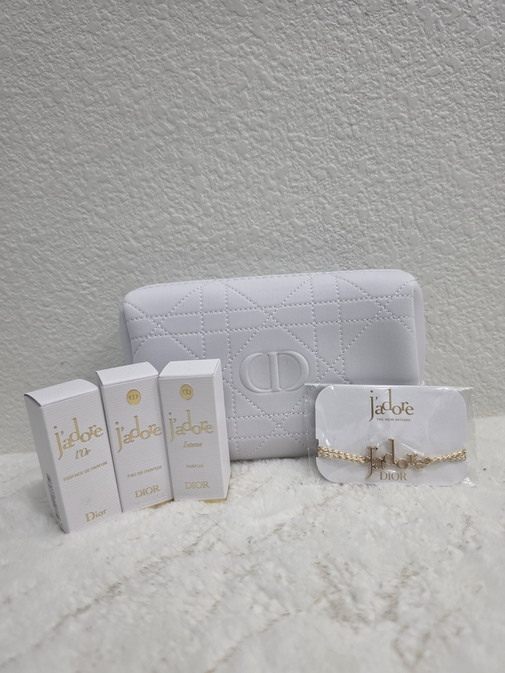 Dior White Quilted Cosmetic Pouch with J'adore Gold Charm and Samples
